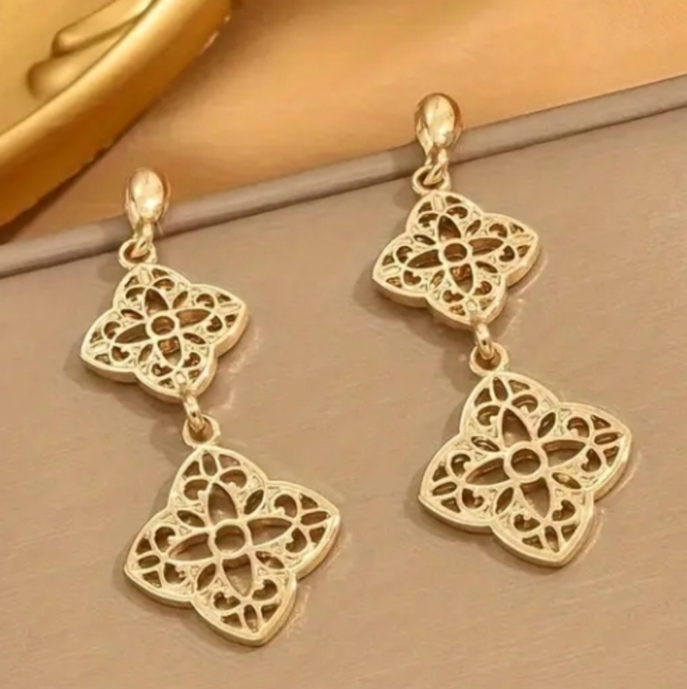 Gold Clover Filigree Drop Earrings - Picture 2 of 5